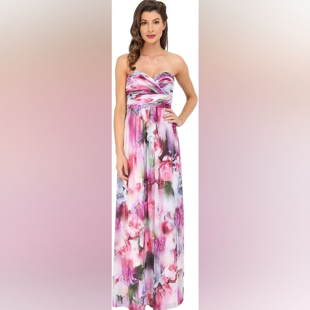 Aidan by Aidan Mattox Strapless Floral Gown in Pink, Purple, White, Green